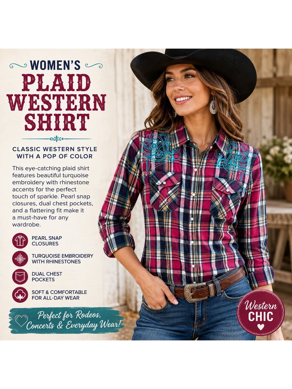 Rock and Roll Cowgirl Women’s XS Plaid Western Shirt Embroidered Pearl Snap Rode
